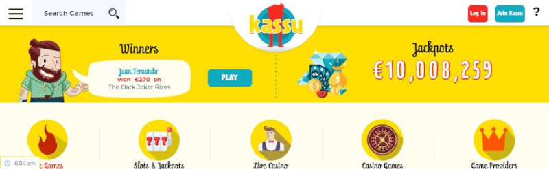 kassu casino lobby provides slots and jackpots, real time casino, all casino games and filtering choices by game providers-logo