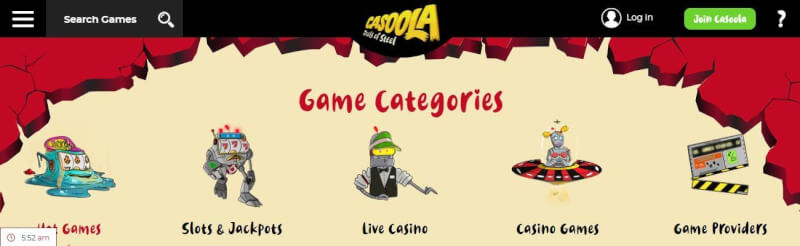casoola lobby offers slot machines and jackpots, live casino, numerous casino games and filters by online game providers-logo