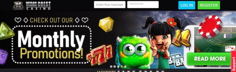 vegas crest homepage provides gambling games, online bingo, very first deposit extra and offers for new players-logo