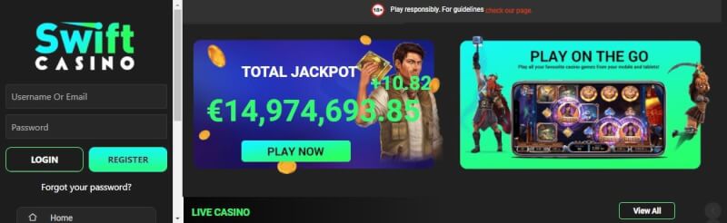 swift casino homepage offers gambling games and campaigns for new players-logo