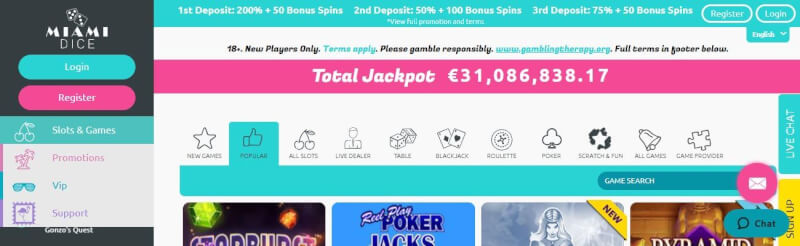 miami dice homepage offers casino games, ilk depozit bonusu və yeni oyunçular üçün təkliflər-loqosu