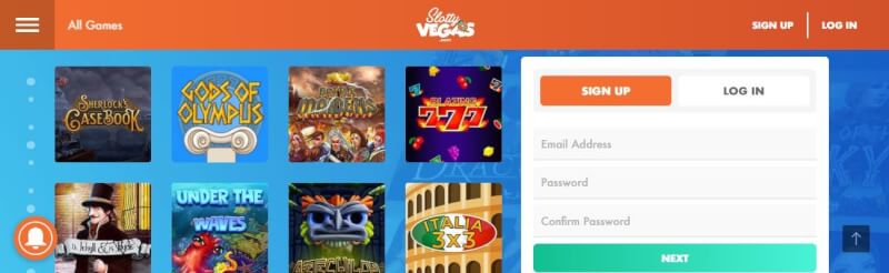 slottyvegas casino lobby provides numerous gambling games, registration choices and extra offers-logo