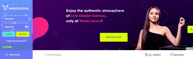 westcasino homepage offers gambling games, first deposit extra and campaigns for brand new players-logo