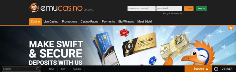 emu casino homepage offers casino games, first deposit bonus and offers for new players-logo
