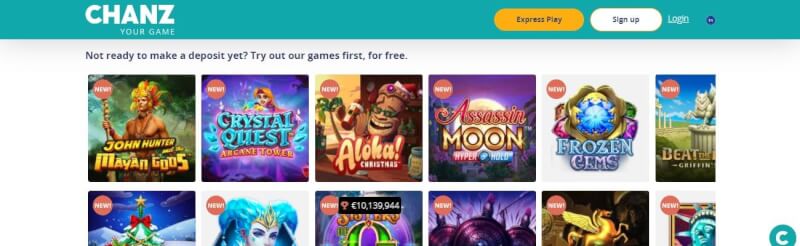Chanz Casino Lobby is filled with slot machines, real time casino and extra offers-logo