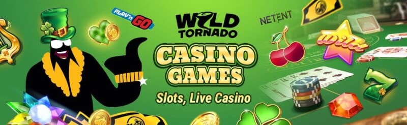 wild tornado casino offers various gambling games like slot machines and real time casino with blackjack, baccarat, table games and roulette-logo